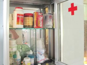 Tủ thuốc gia đình với các loại thuốc cơ bản và một số dụng cụ xử trí vết thương	 /// Ảnh: Đào Ngọc Thạch